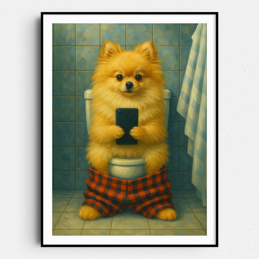 Pomeranian Dog On The Phone On The Toilet