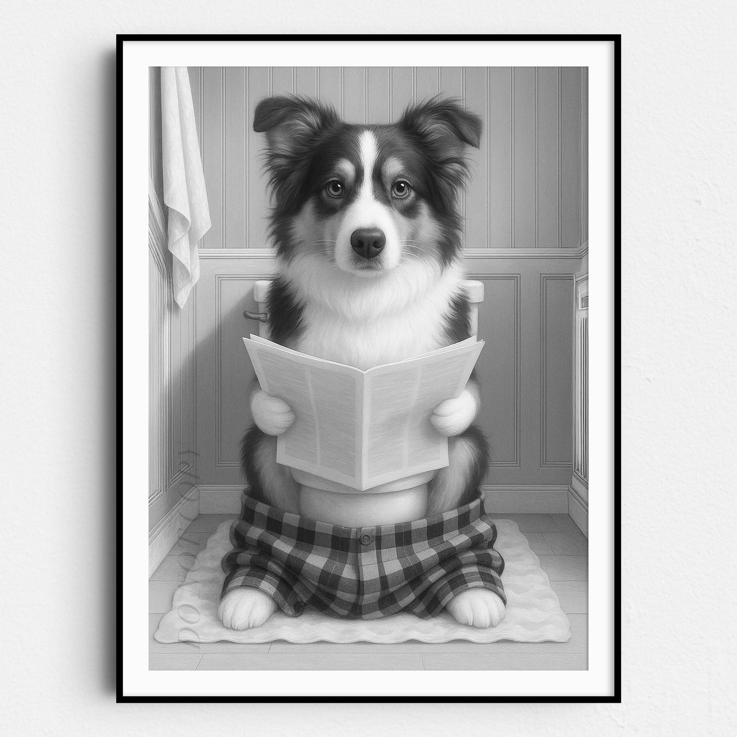 Australian Shepherd Dog On The Phone On The Toilet