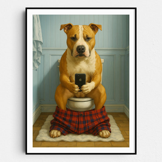 American Staffordshire Terrier Dog On The Phone On The Toilet