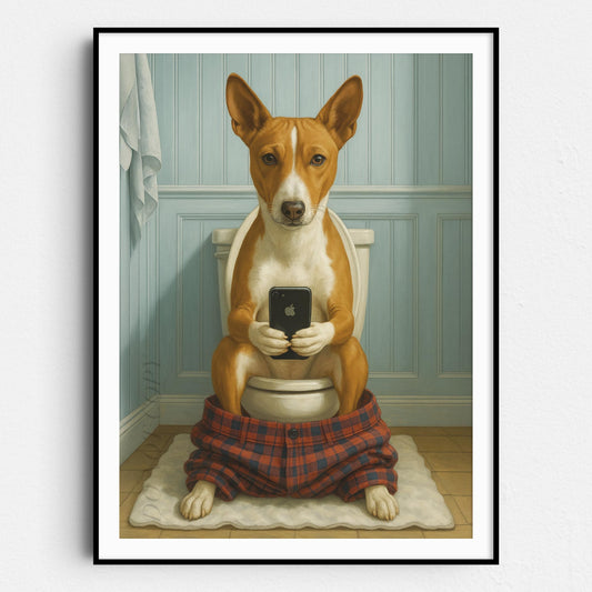 Basenji Dog On The Phone On The Toilet