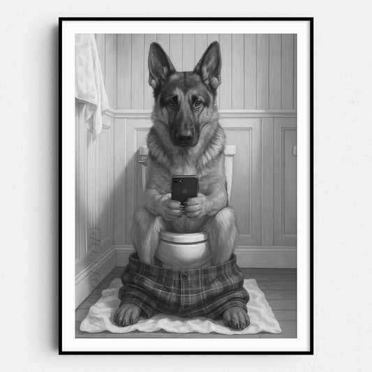 German Shepherd Dog On The Phone On The Toilet