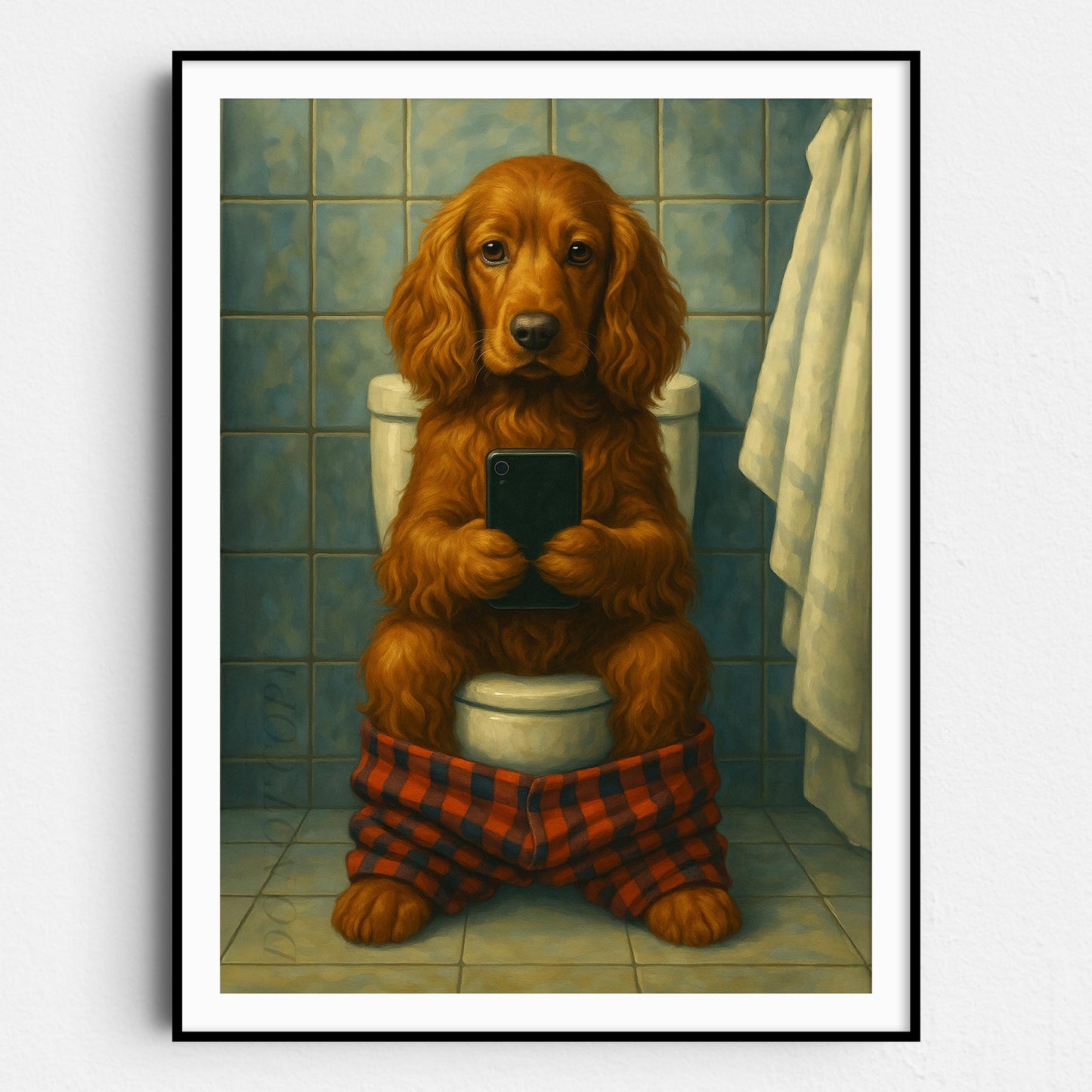 Cocker Spaniel Dog On The Phone On The Toilet