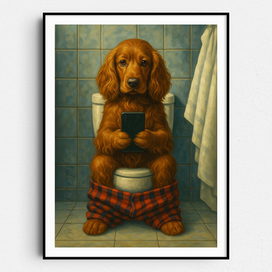 Cocker Spaniel Dog On The Phone On The Toilet