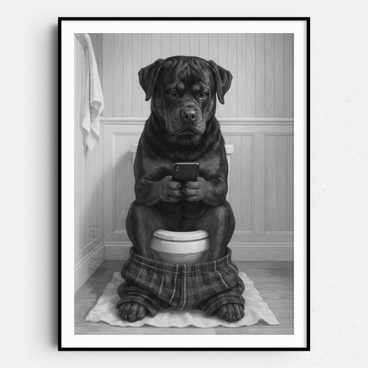 Rottweiler Dog On The Phone On The Toilet