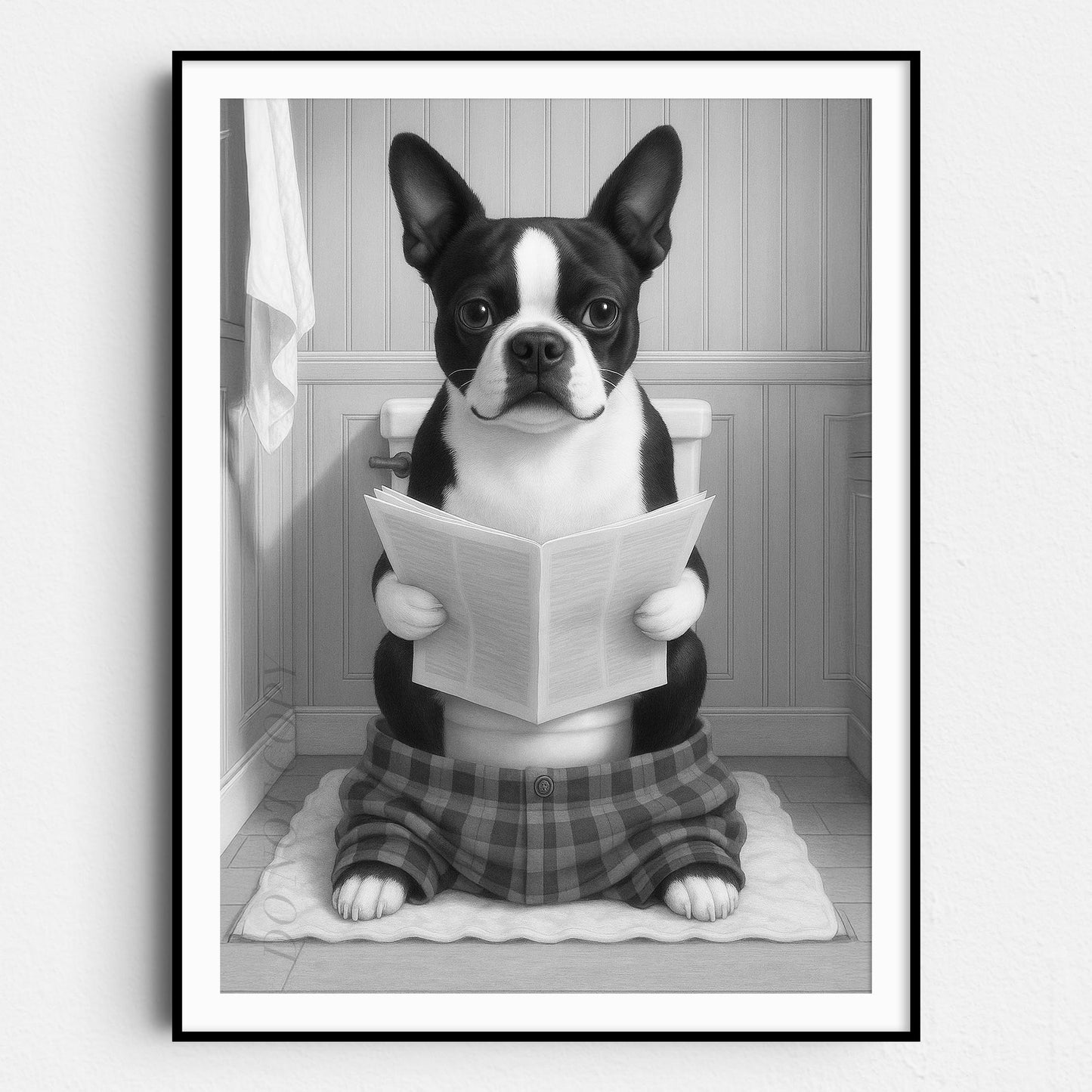 Boston Terrier Dog Reading The Newspaper On The Toilet