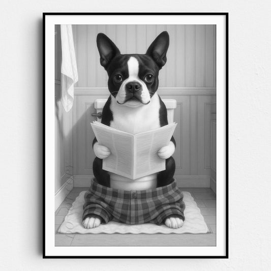 Boston Terrier Dog Reading The Newspaper On The Toilet