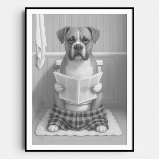 Boxer Dog Reading The Newspaper On The Toilet