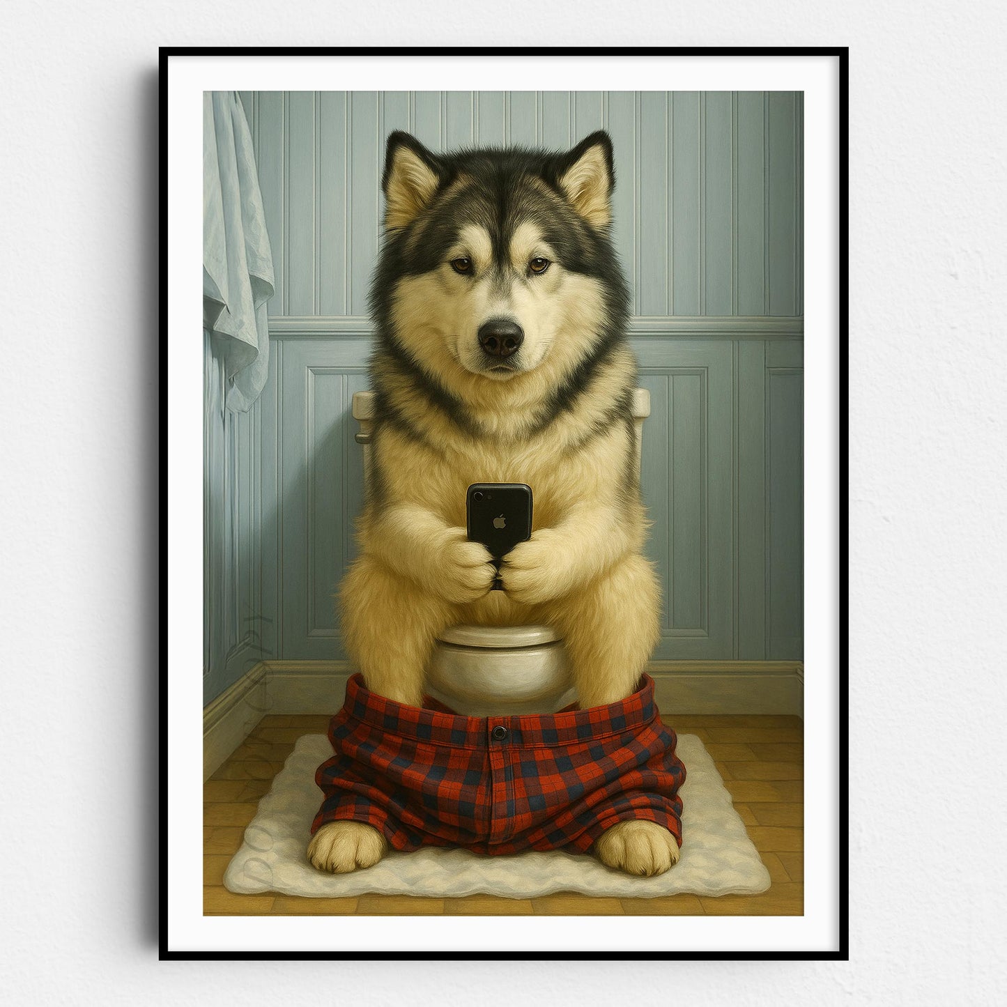 Alaskan Malamute On The Phone On The Toilet