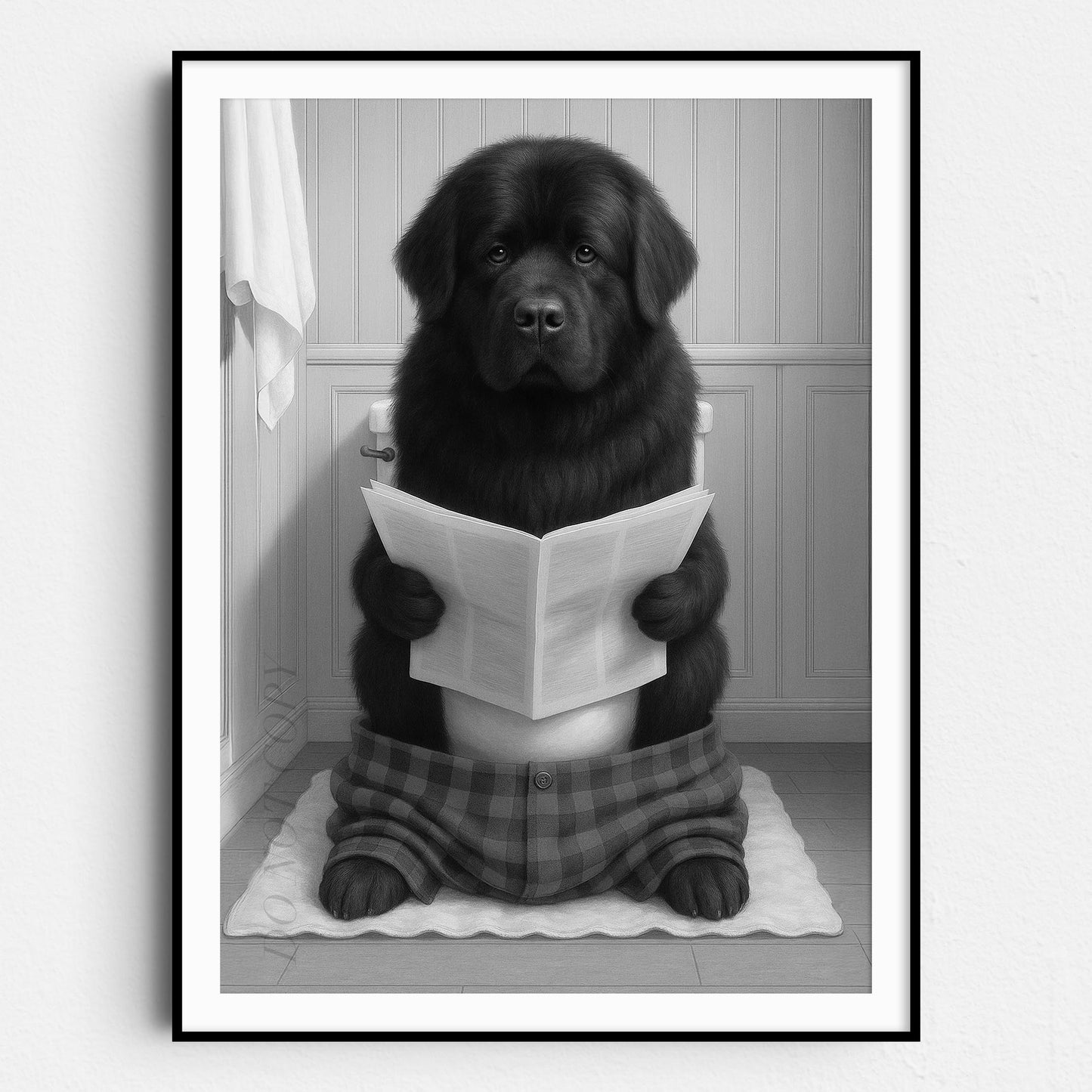 Newfoundland Dog Reading The Newspaper On The Toilet