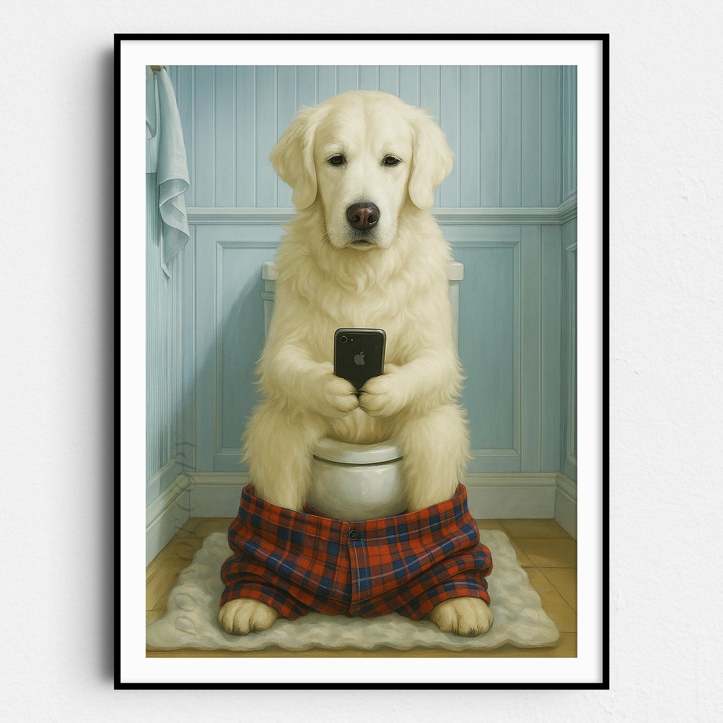 English Cream Golden Retriever On The Phone On The Toilet