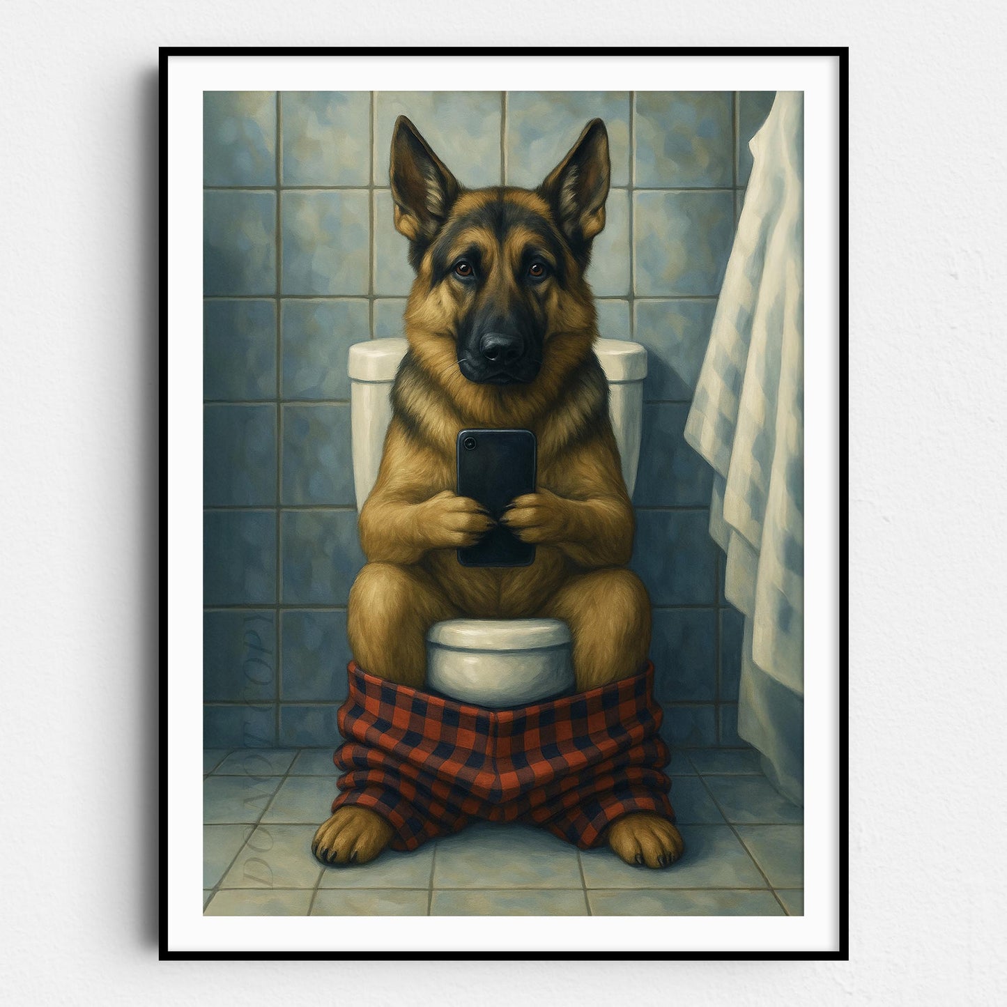 German Shepherd Dog On The Phone On The Toilet