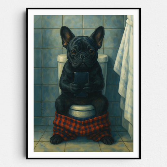 French Bulldog On The Phone On The Toilet
