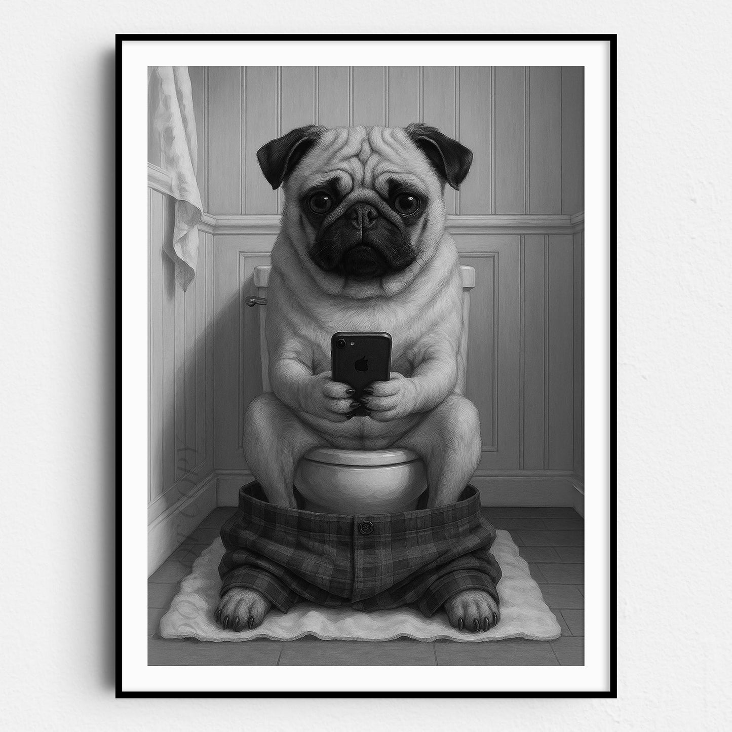 Pug Dog On The Phone On The Toilet