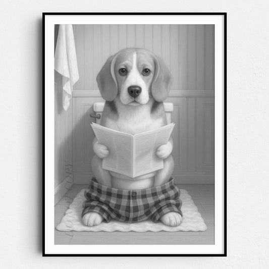 Beagle Dog Reading The Newspaper On The Toilet