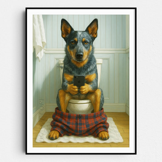 Australian Cattle Dog On The Phone On The Toilet