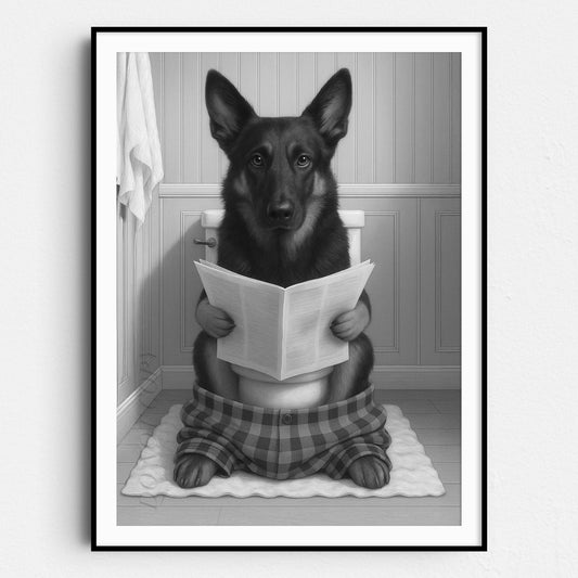 Belgian Shepherd Dog Reading The Newspaper On The Toilet