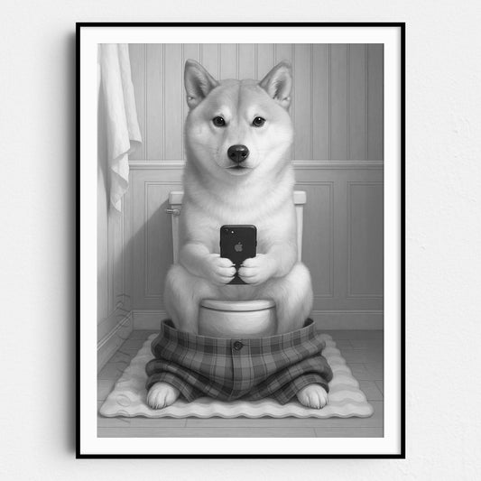 Shiba Inu Dog On The Phone On The Toilet