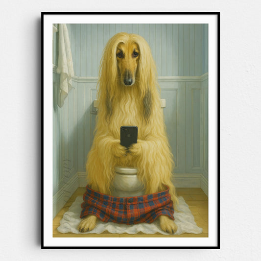 Afghan Hound Dog On The Phone On The Toilet