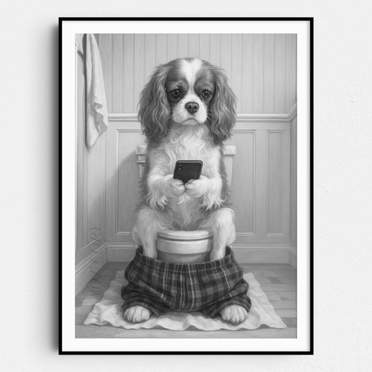 Cavalier King Charles Dog On The Phone On The Toilet