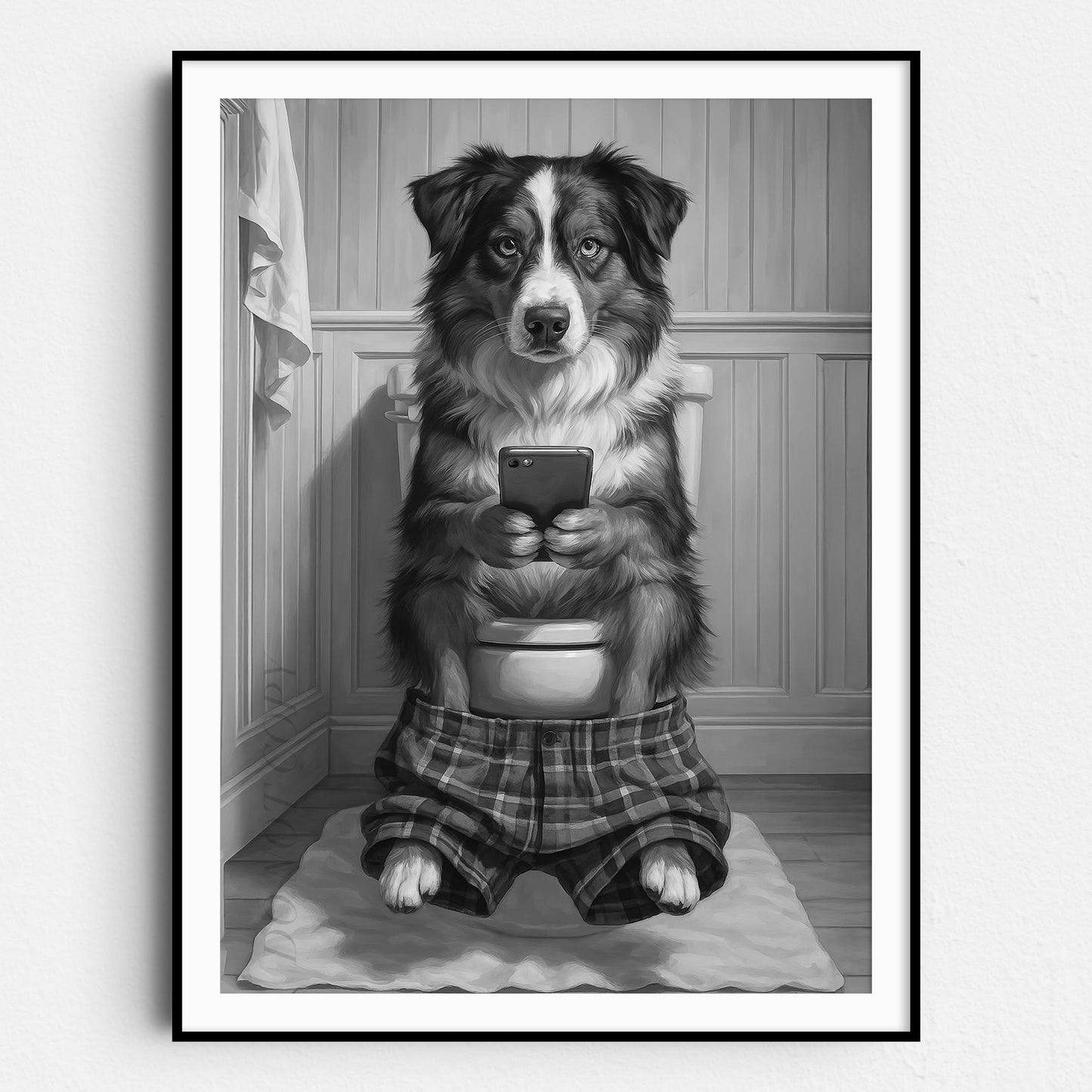Australian Shepherd Dog On The Phone On The Toilet