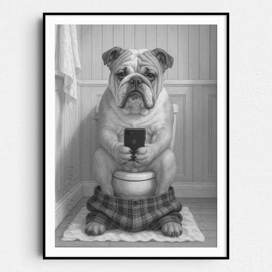 Bulldog On The Phone On The Toilet