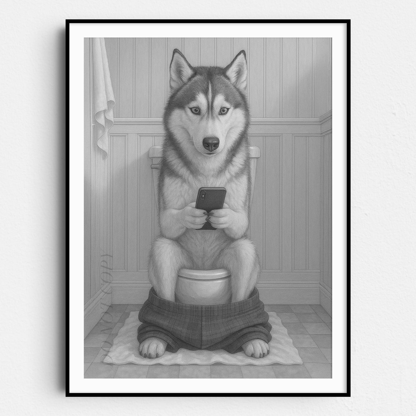Husky Dog On The Phone On The Toilet