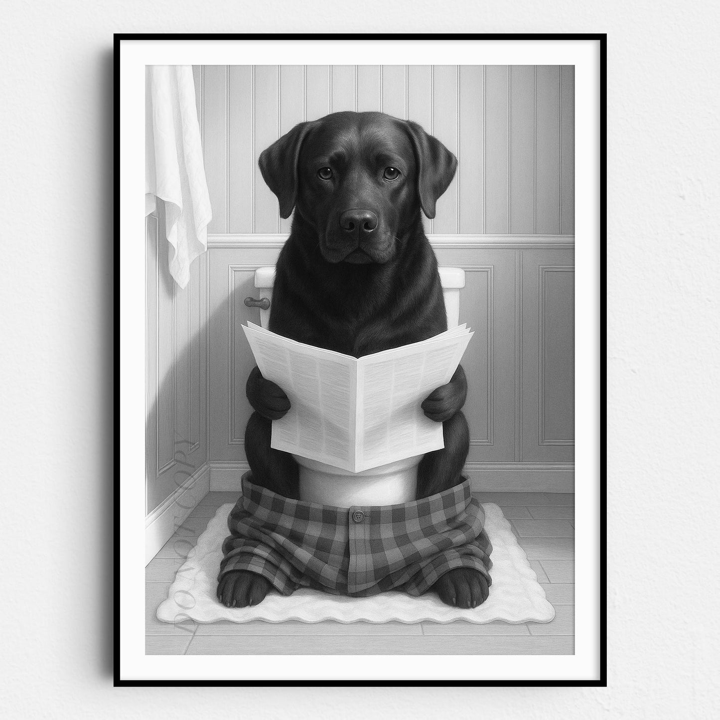Black Labrador Dog Reading The Newspaper On The Toilet