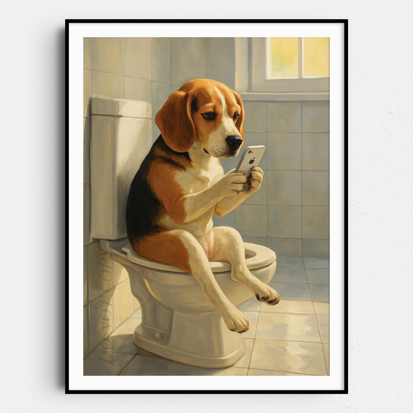 Beagle Dog On The Phone On The Toilet
