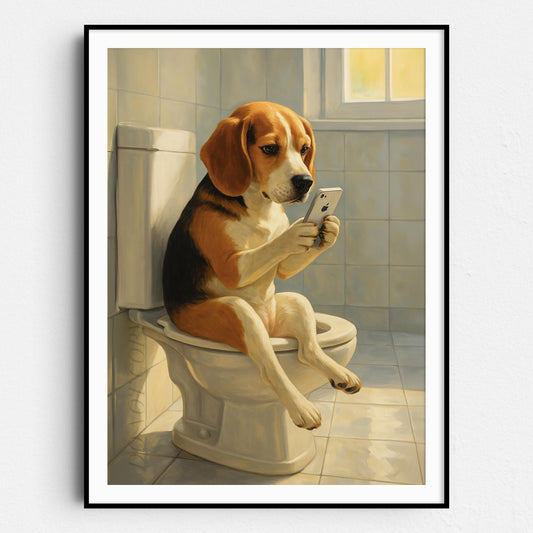 Beagle Dog On The Phone On The Toilet