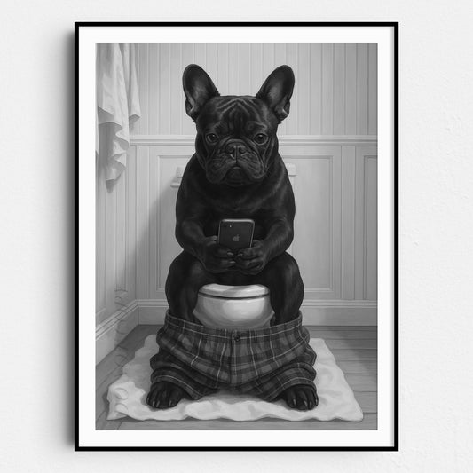 French Bulldog On The Phone On The Toilet