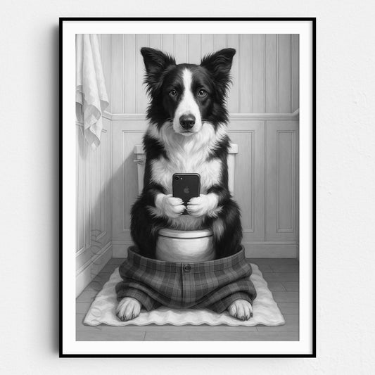 Border Collie Dog On The Phone On The Toilet