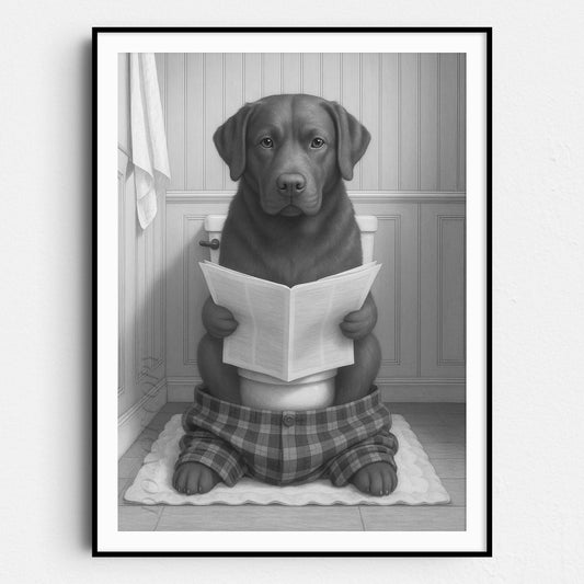 Chocolate Labrador Dog Reading The Newspaper On The Toilet