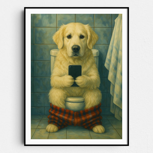 English Cream Golden Retriever On The Phone On The Toilet
