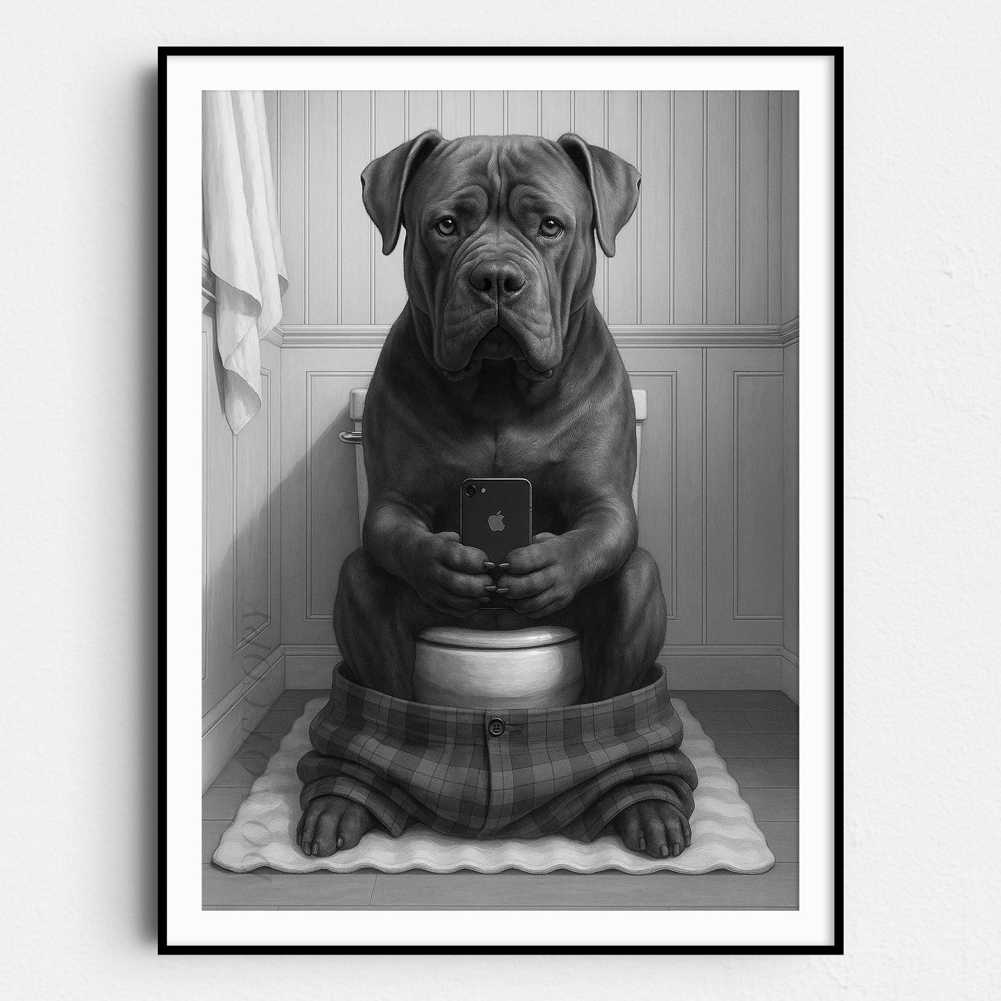 Cane Corso Dog On The Phone On The Toilet