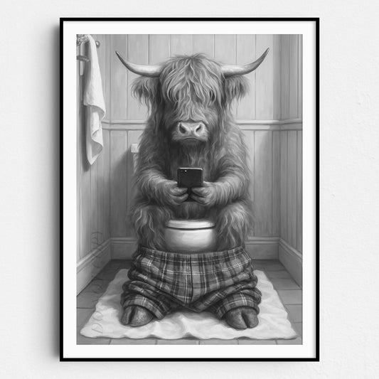Highland Cow On The Phone On The Toilet