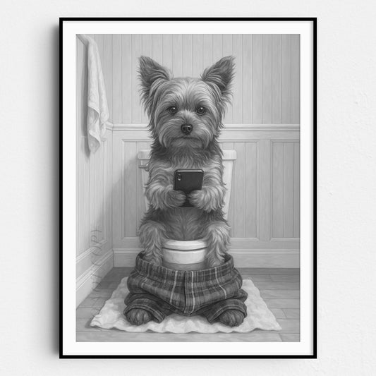Yorkshire Terrier Dog On The Phone On The Toilet