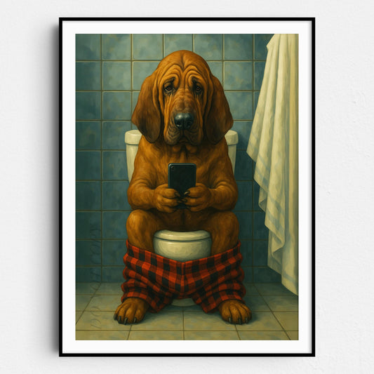 Bloodhound Dog On The Phone On The Toilet