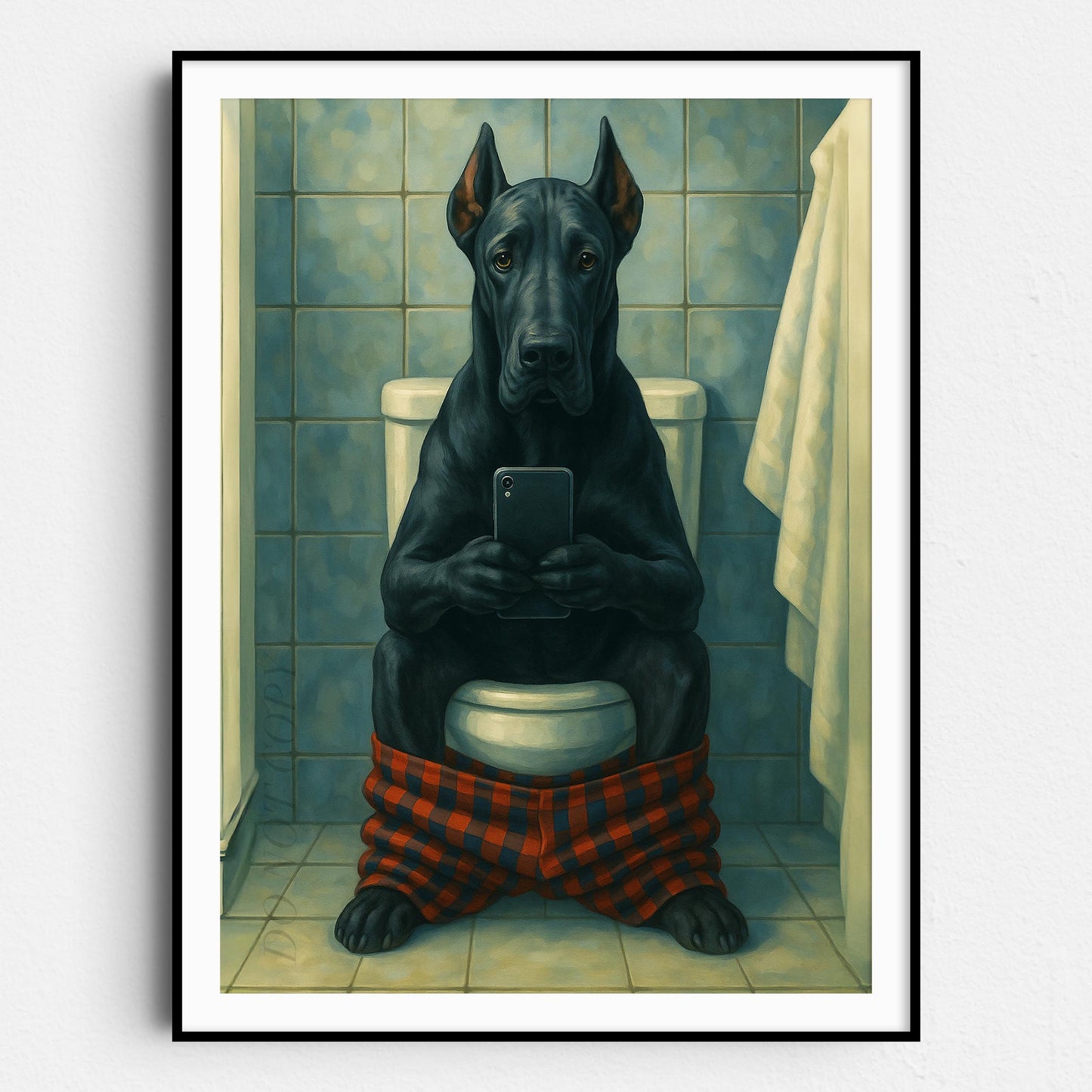 Great Dane Dog On The Phone On The Toilet