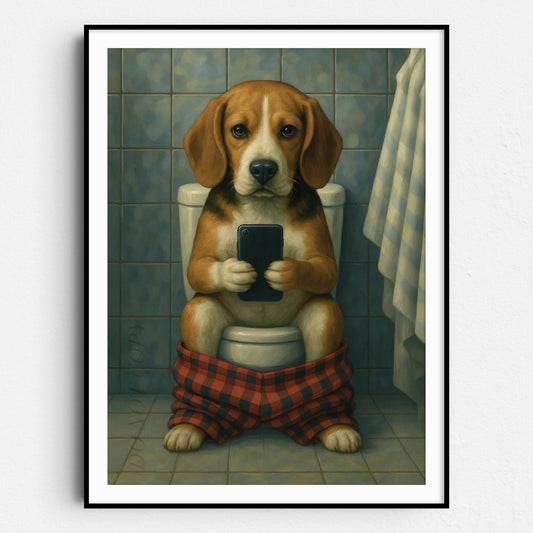 Beagle Dog On The Phone On The Toilet