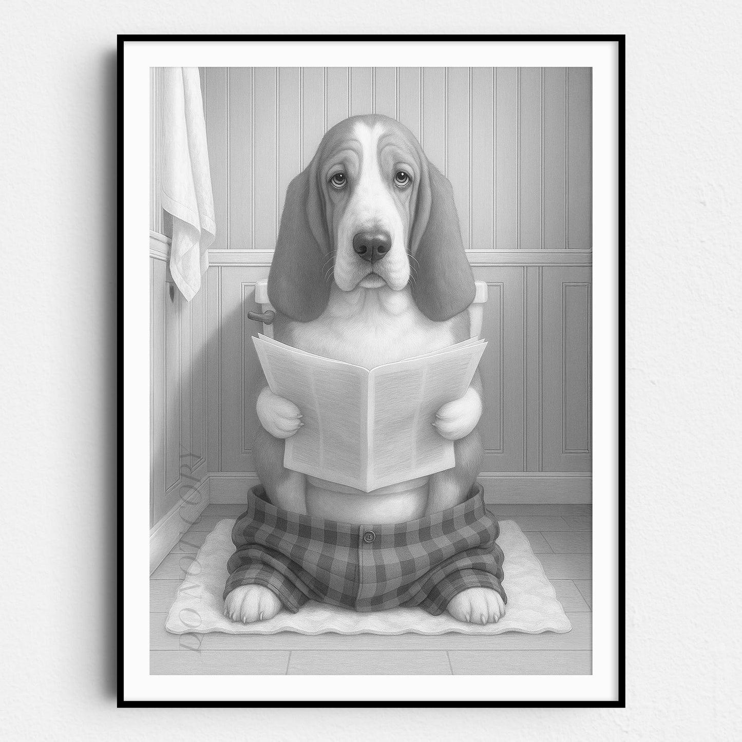 Basset Hound Dog Reading The Newspaper On The Toilet