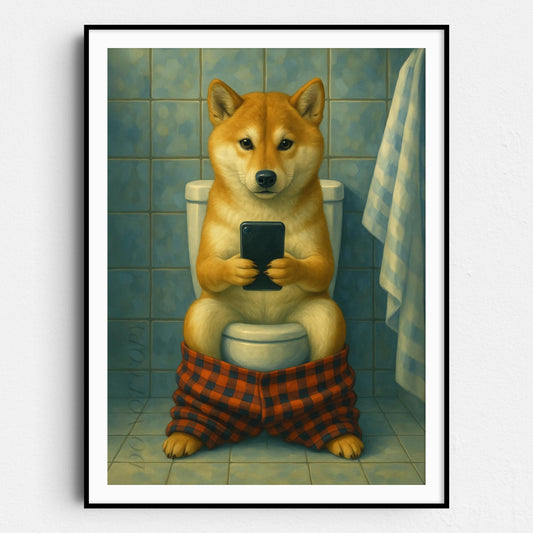 Shiba Inu Dog On The Phone On The Toilet