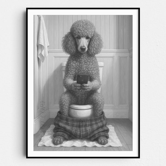 French Poodle Dog On The Phone On The Toilet
