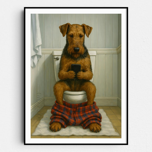 Airedale Terrier Dog On The Phone On The Toilet