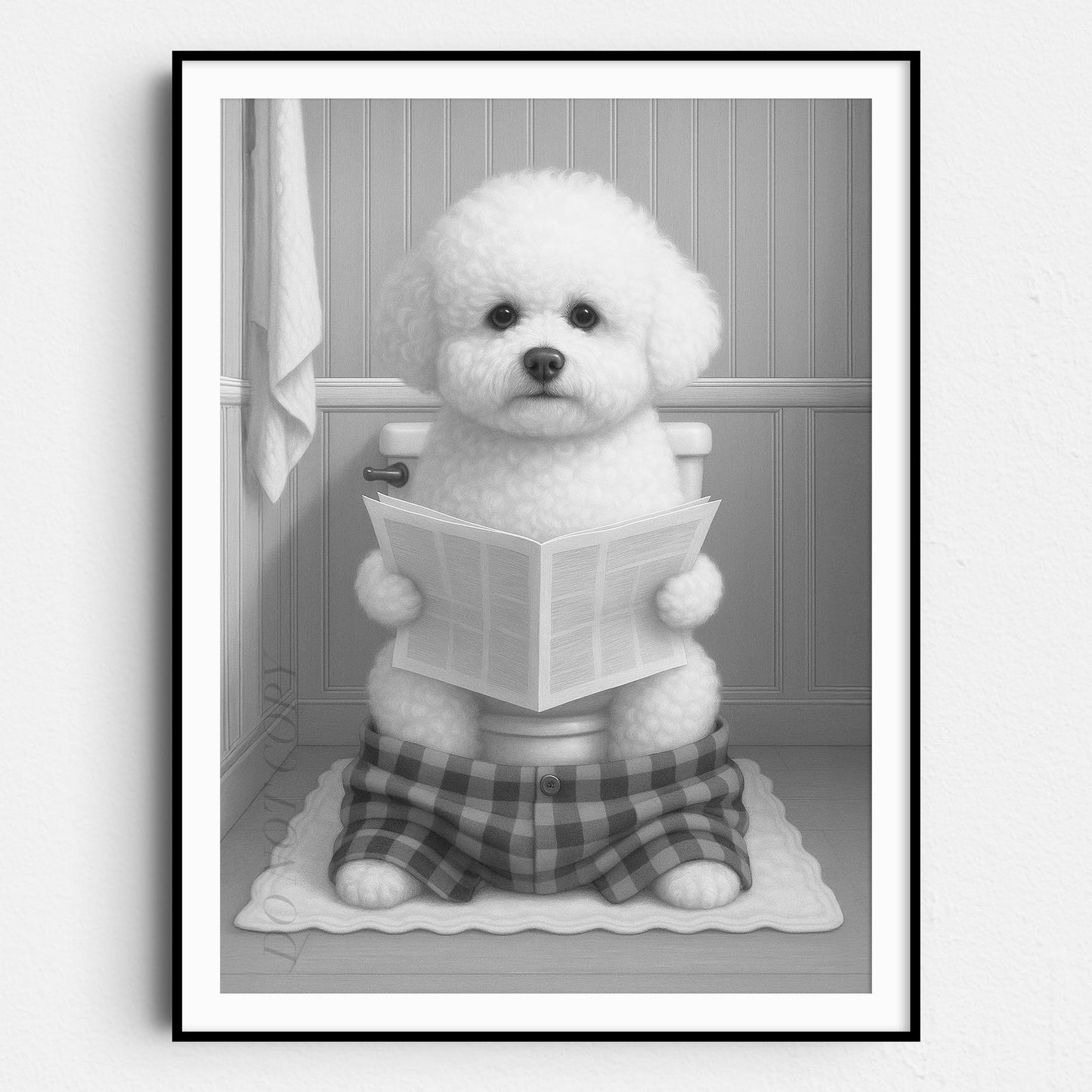 Bichon Frise Dog Reading The Newspaper On The Toilet