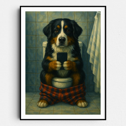 Bernese Mountain Dog On The Phone On The Toilet II