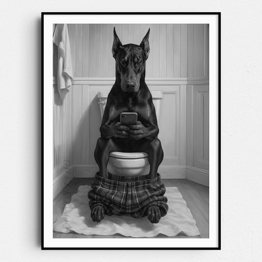 Dobermann Dog On The Phone On The Toilet