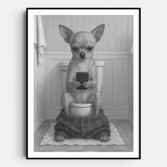 Chihuahua Dog On The Phone On The Toilet