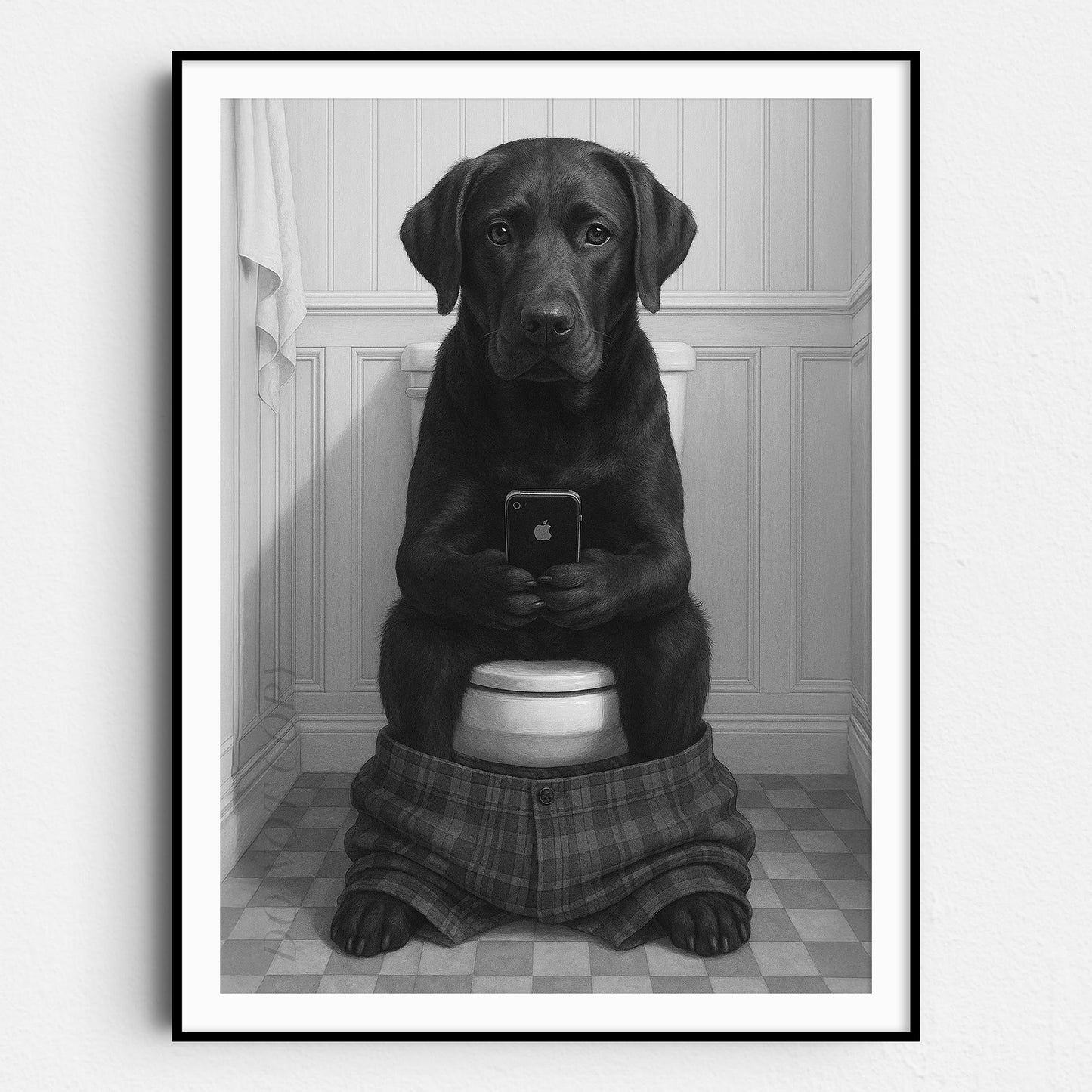 Black Labrador Retriever Dog On The Phone On The Toilet