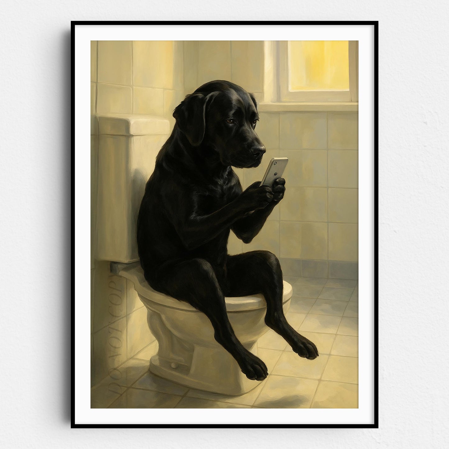 Black Labrador Dog On The Phone On The Toilet