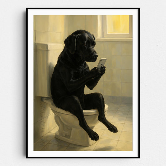 Black Labrador Dog On The Phone On The Toilet